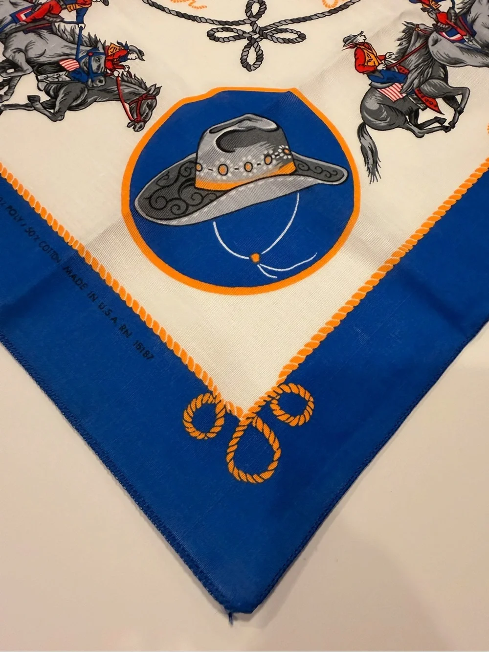 Vintage Wrangler Rodeo Western Bandana Scarf Cowboy Horse rope Blue White gold